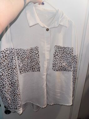 Cream Button-Up Shacket with Leopard Patch Pockets